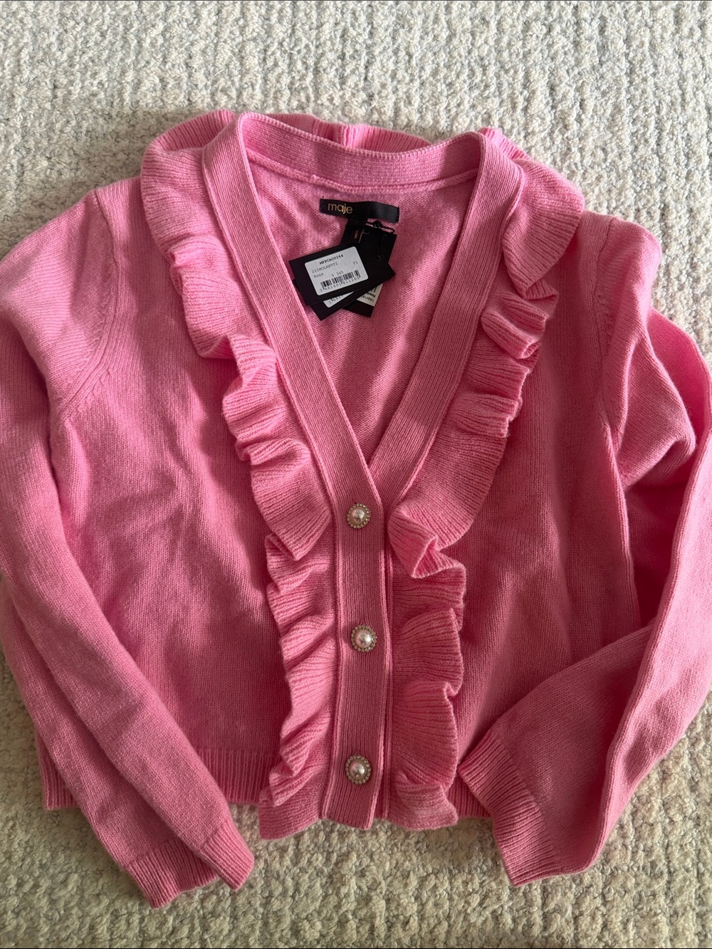 Maje Pink Ruffle V-Neck Cardigan with Pearl Buttons